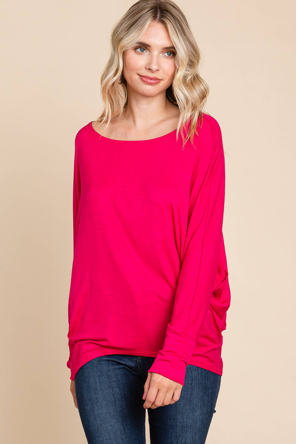 ETK-8992-PL Plus Size Solid Rayon Boat-Neckline Causal Top