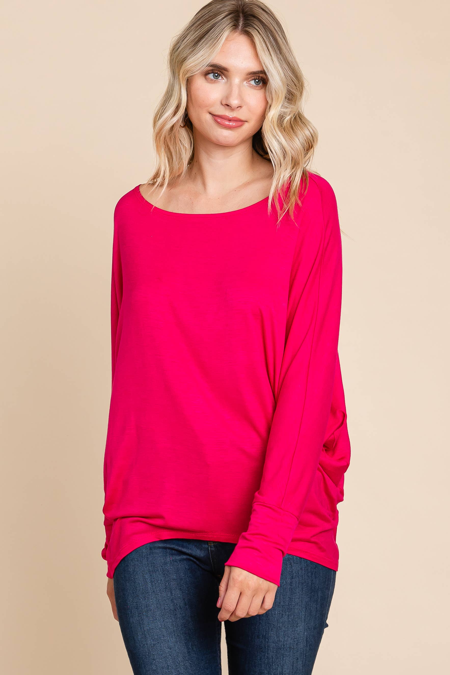 ETK-8992-PL Plus Size Solid Rayon Boat-Neckline Causal Top
