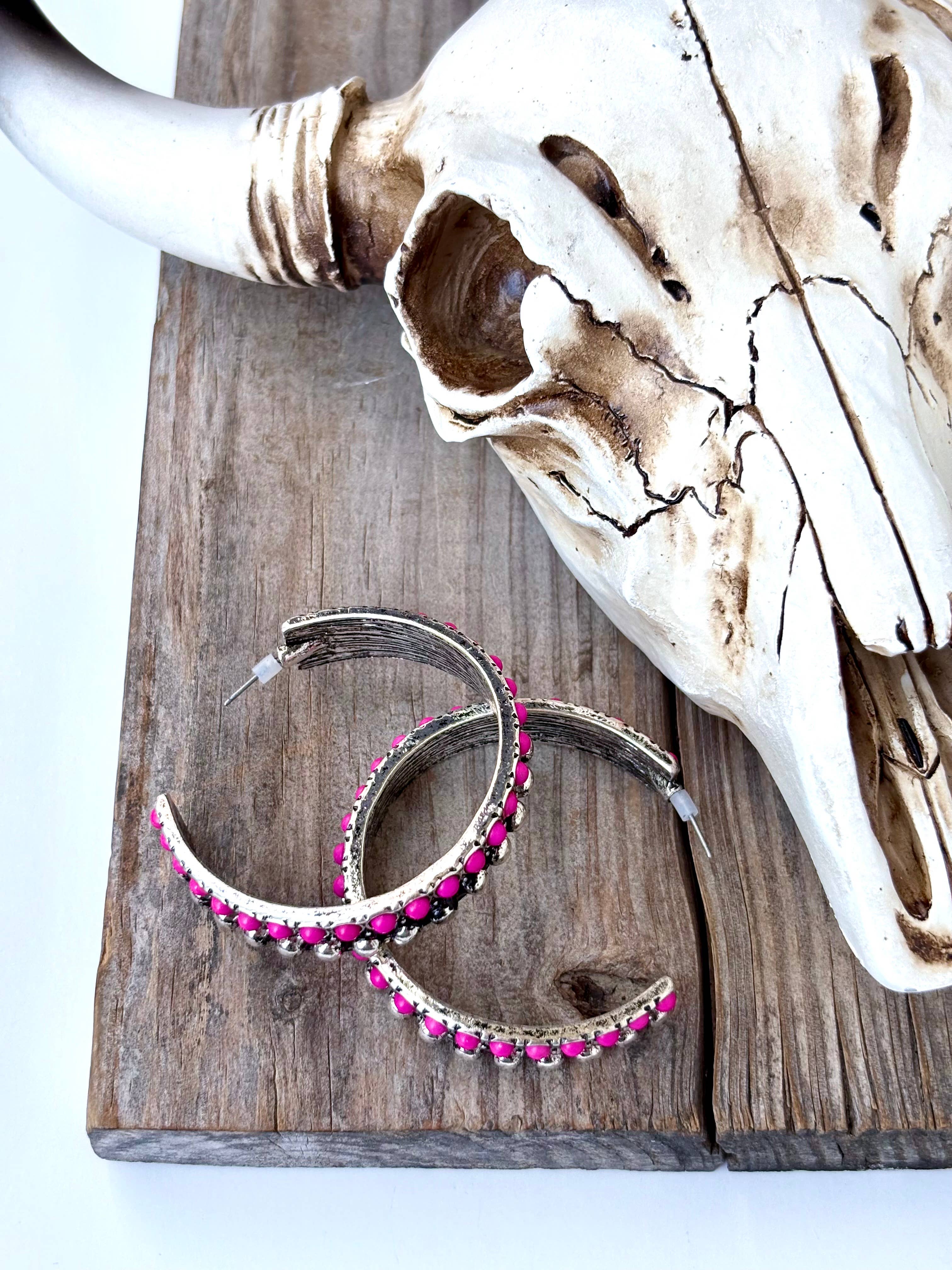 2" Western Style Stone Stud Open Hoop Earrings
