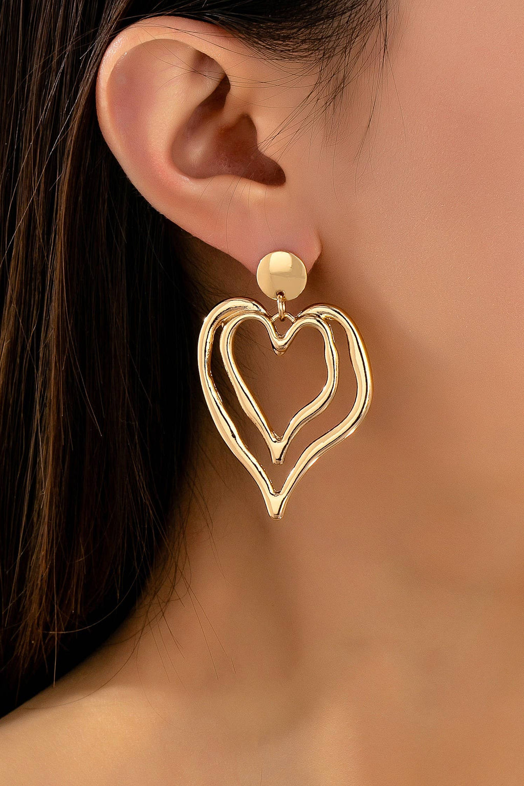 Double Layer Gold-Tone Heart Drop Earrings