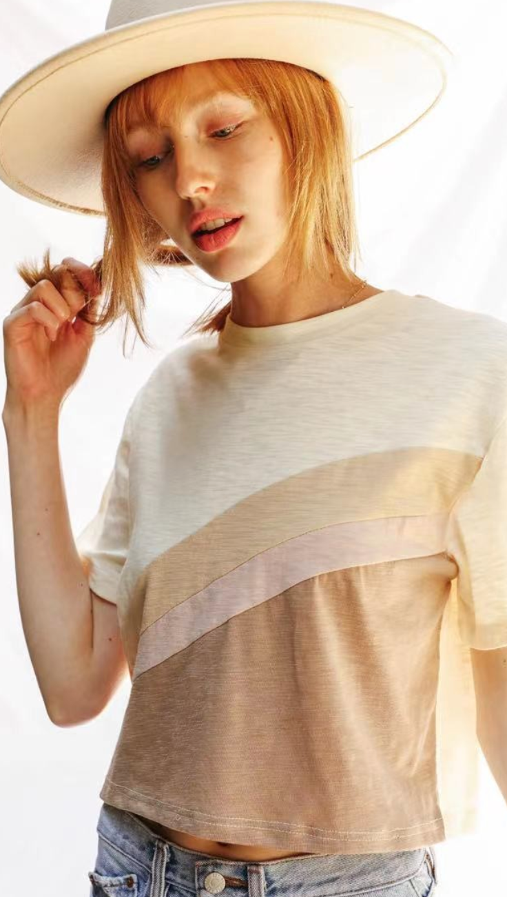 Asymmetrical  crop color block t-shirt