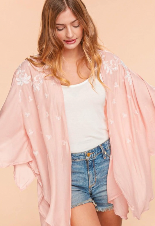 EMBROIDERED FLORAL OPEN KIMONO