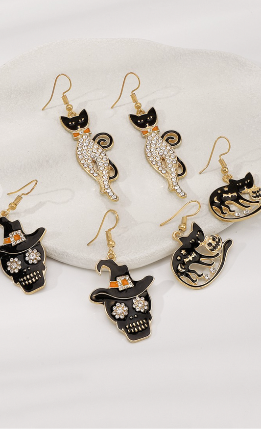 Halloween Hat Skull Pumpkin Cat Dangle Earrings