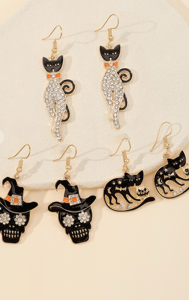 Halloween Hat Skull Pumpkin Cat Dangle Earrings