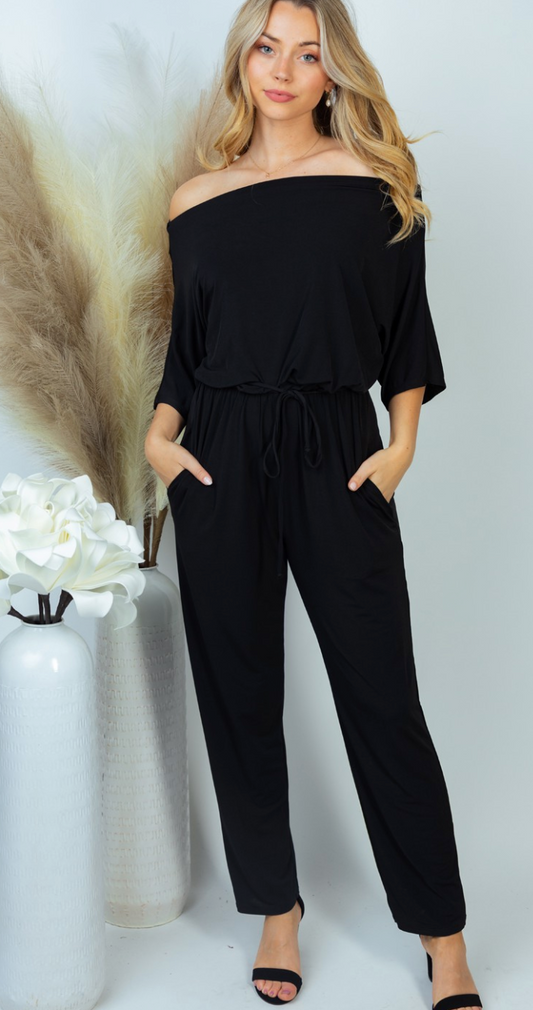 Three Quarter Sleeve Solid Knit Jumpsuit