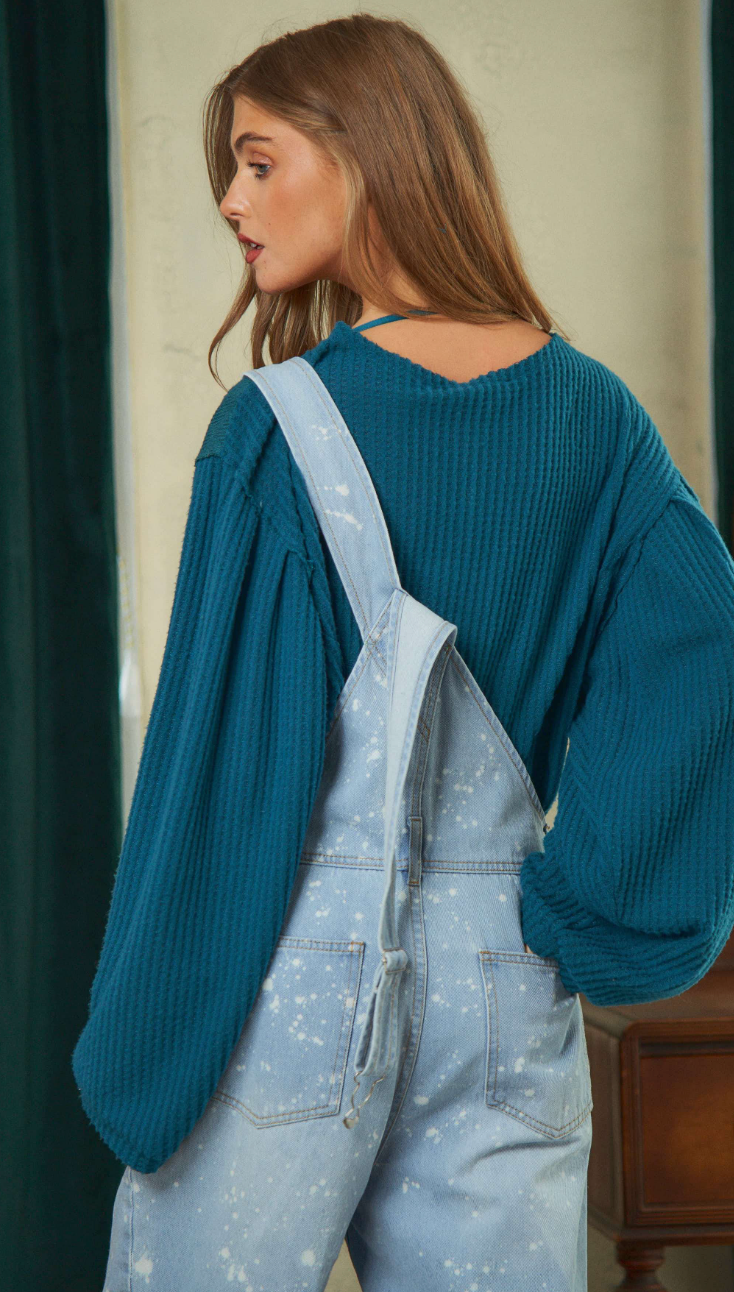 Teal bubble sleeve knit top