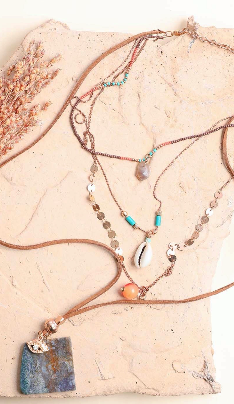 Four Layer Necklace With Shell And Stone Charms