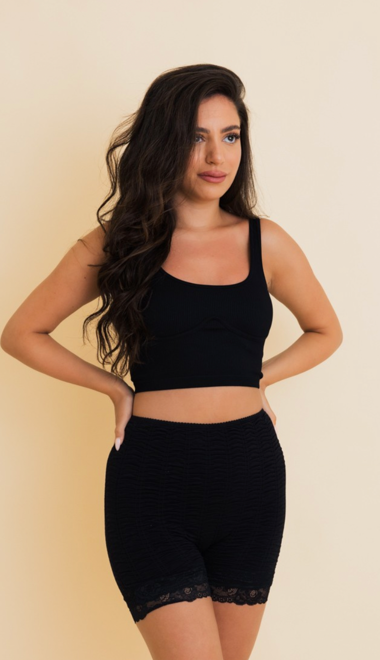 Stretch Smock Textured Lace Trim Biker Shorts