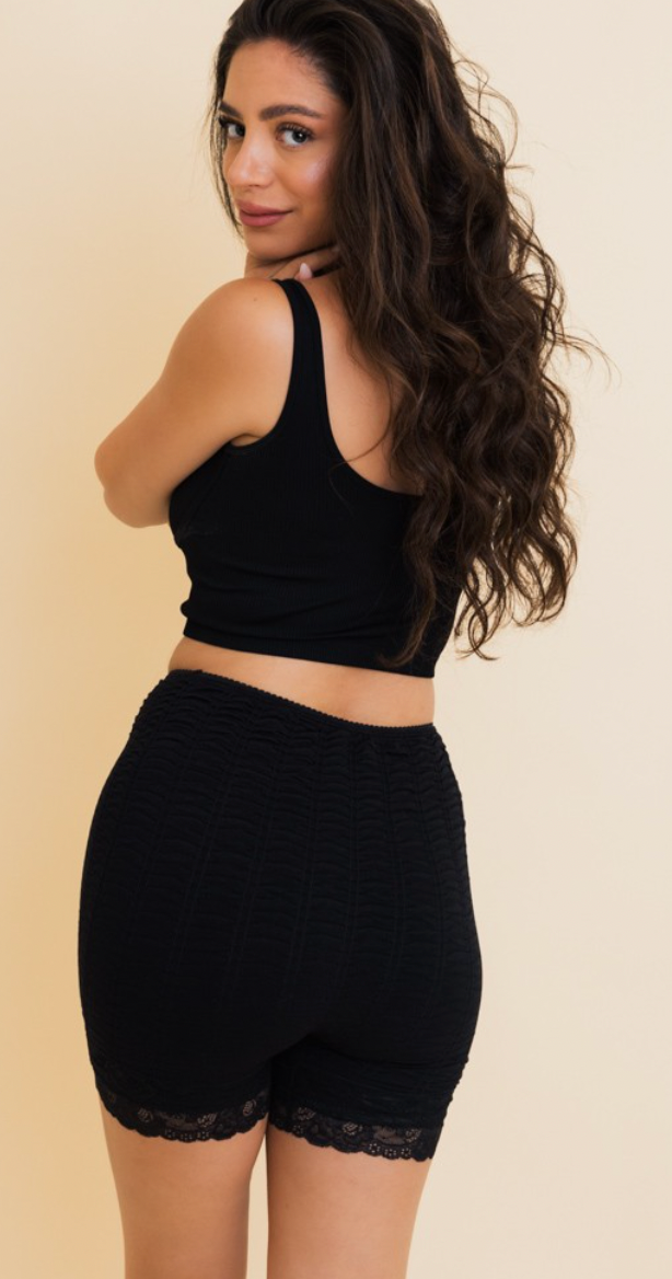 Stretch Smock Textured Lace Trim Biker Shorts