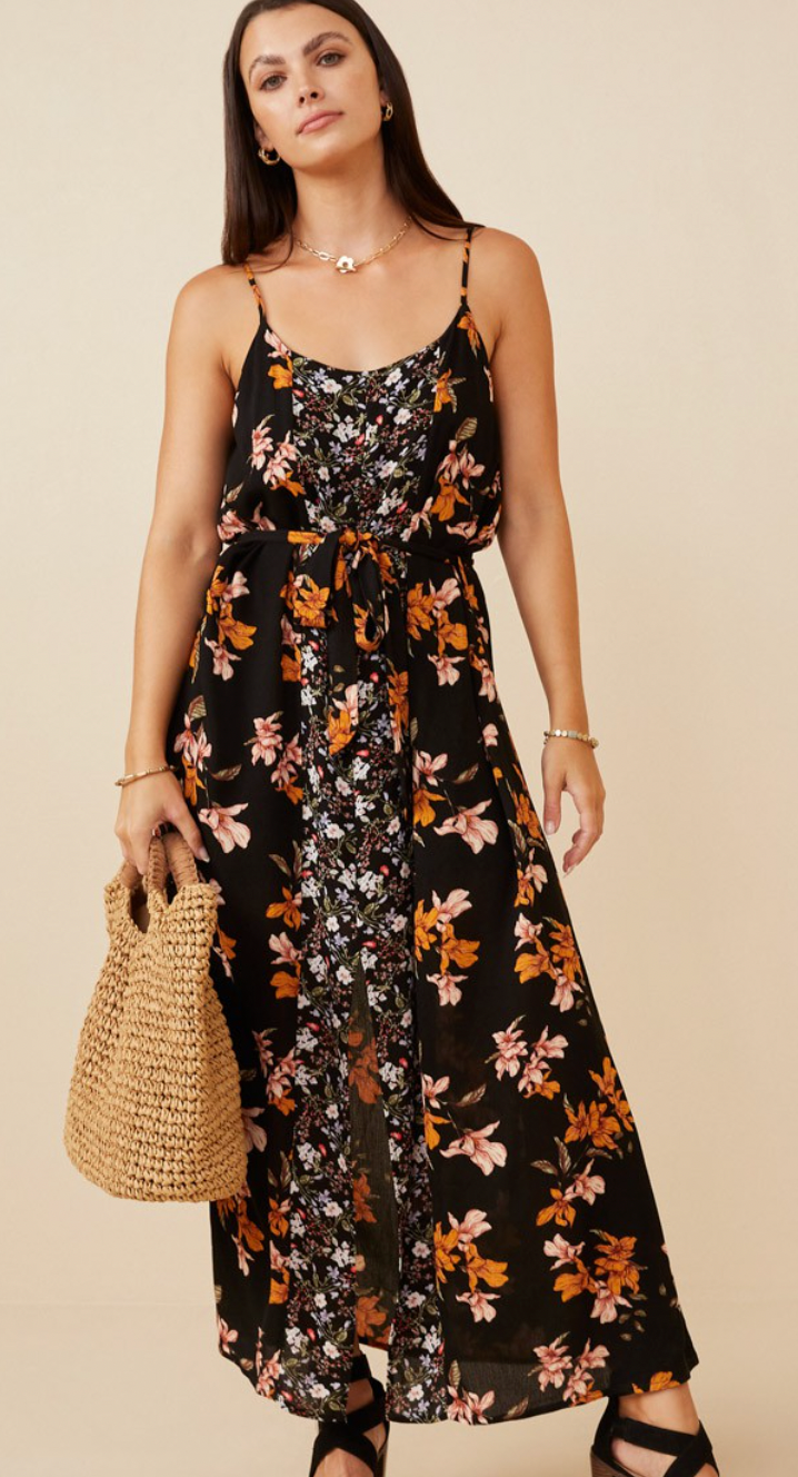 Womens Mixed Floral Sleeveless Belted Dress