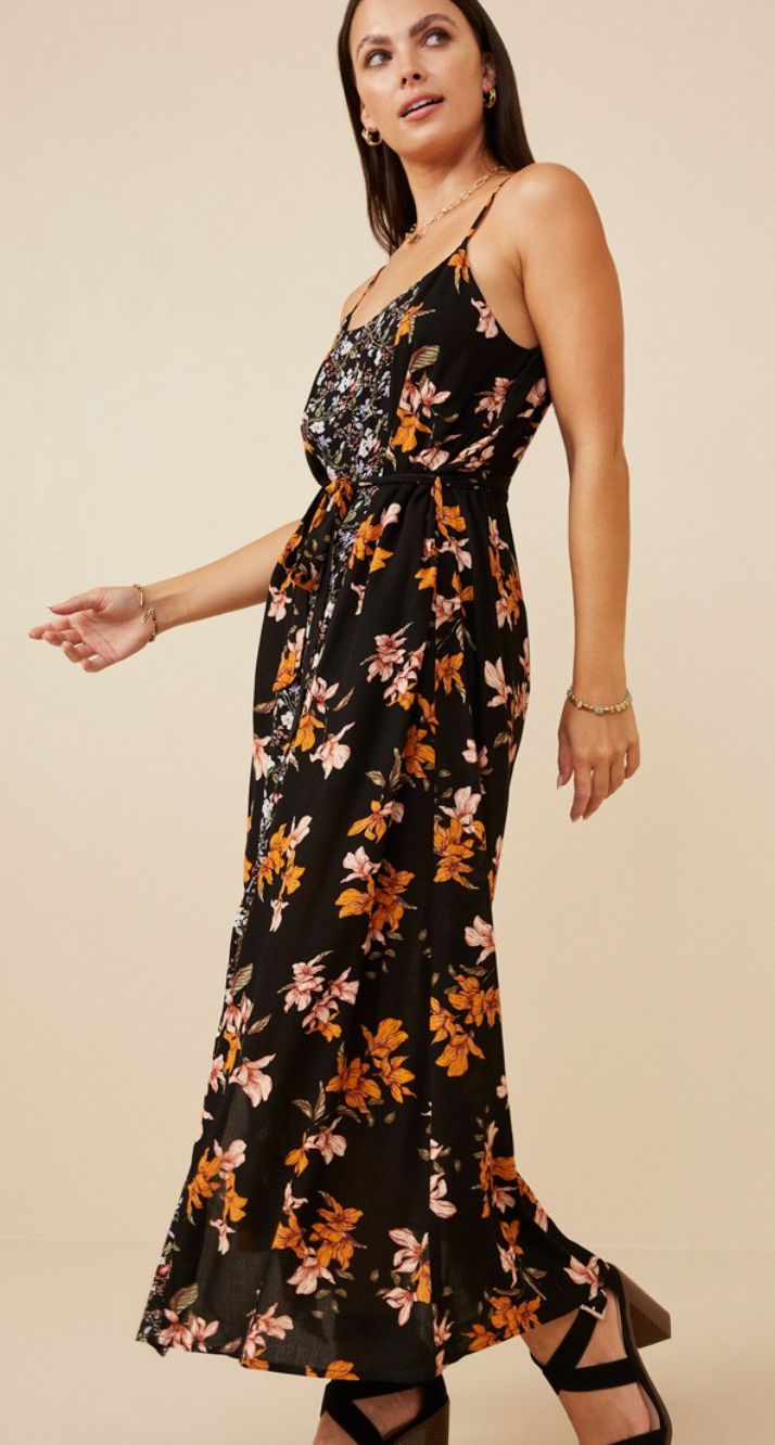 Womens Mixed Floral Sleeveless Belted Dress
