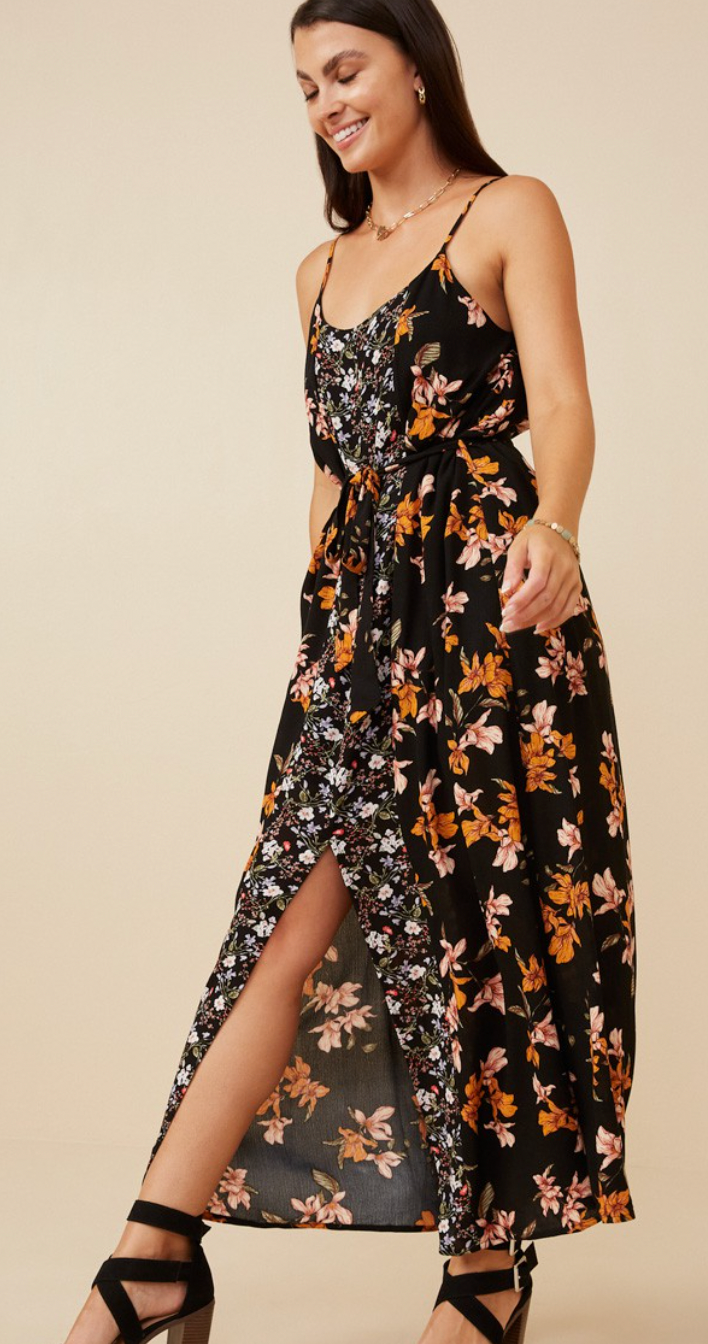 Womens Mixed Floral Sleeveless Belted Dress