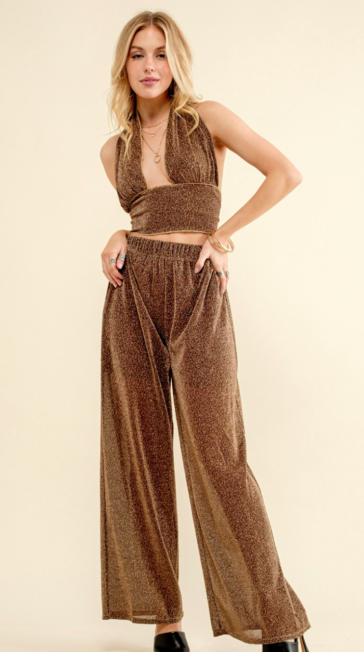 Crop Halter Tie Back Top With High Rise Pants