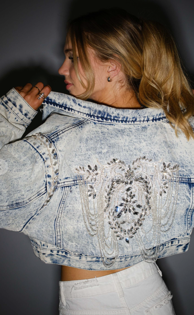 Acid Washed Embellished Beading Denim Jacket