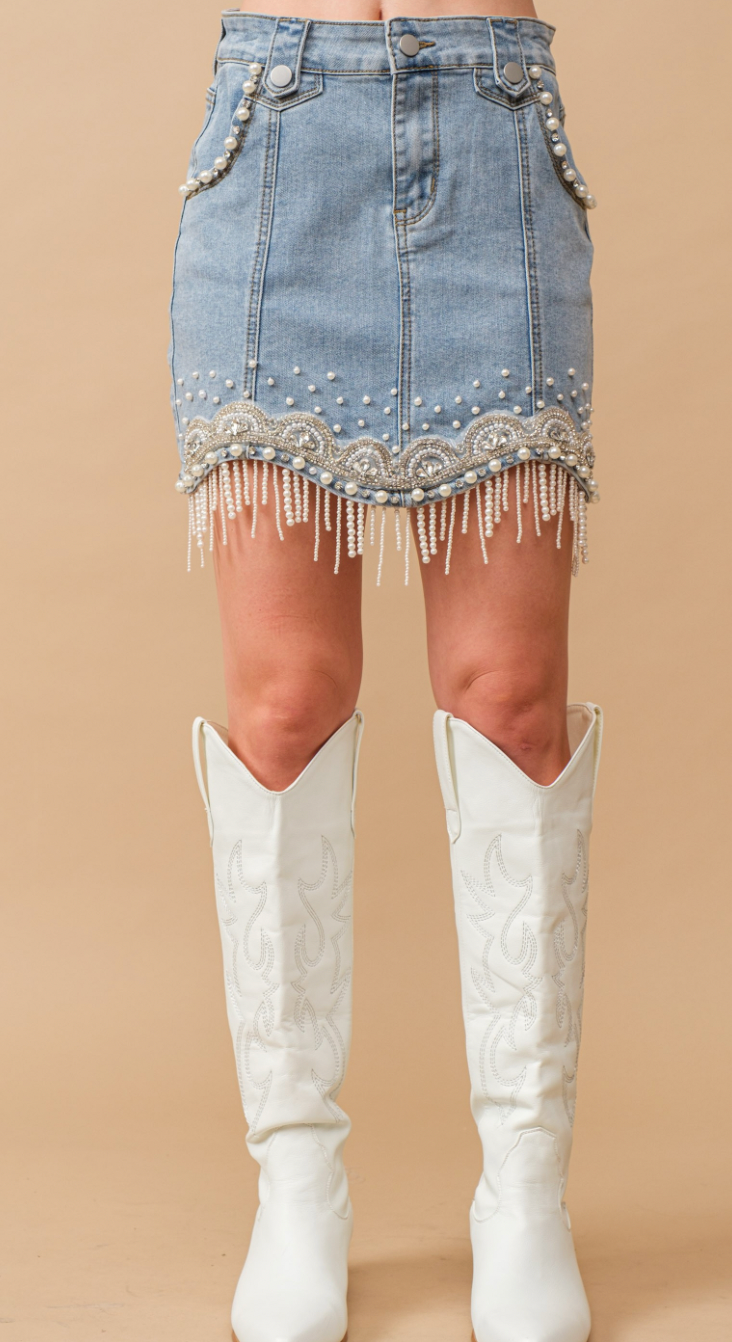 Stretch Denim Embellished Pearl Fringe Mini Skirt