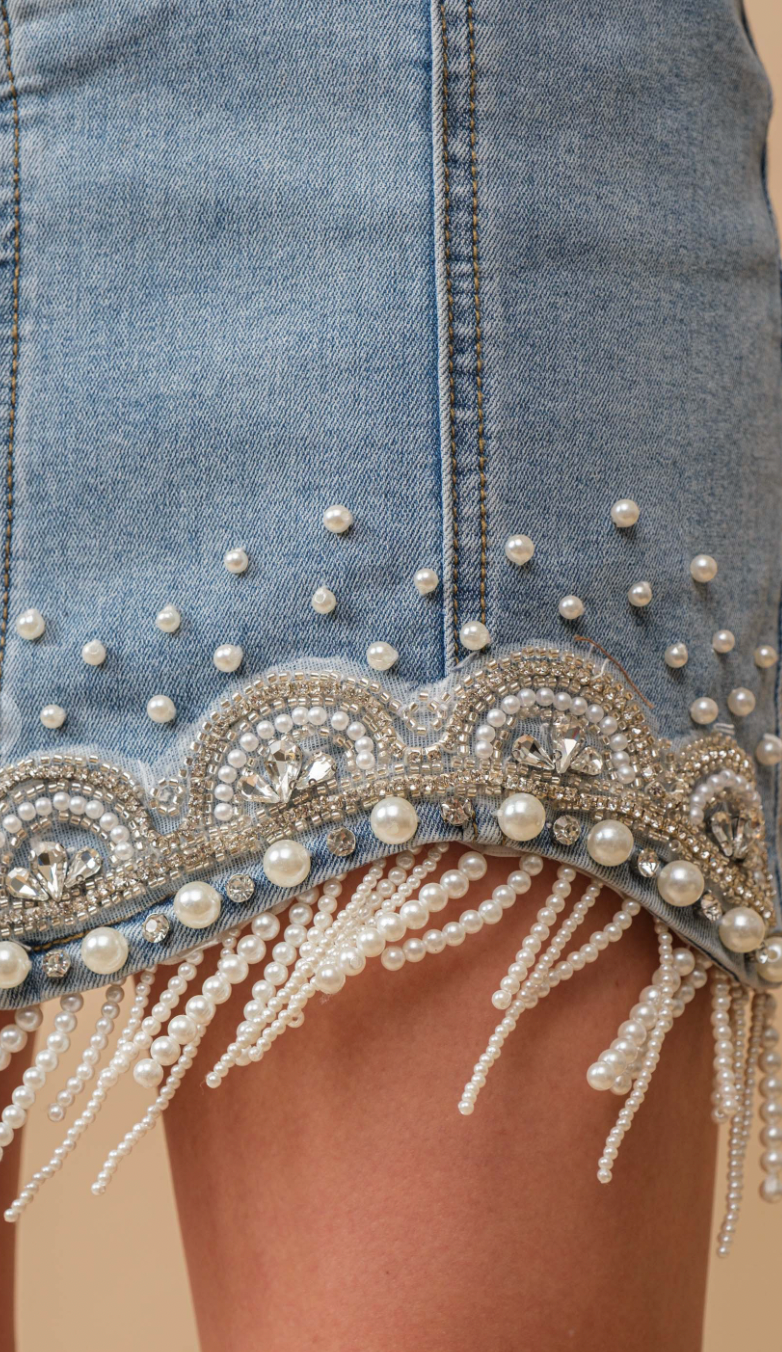 Stretch Denim Embellished Pearl Fringe Mini Skirt