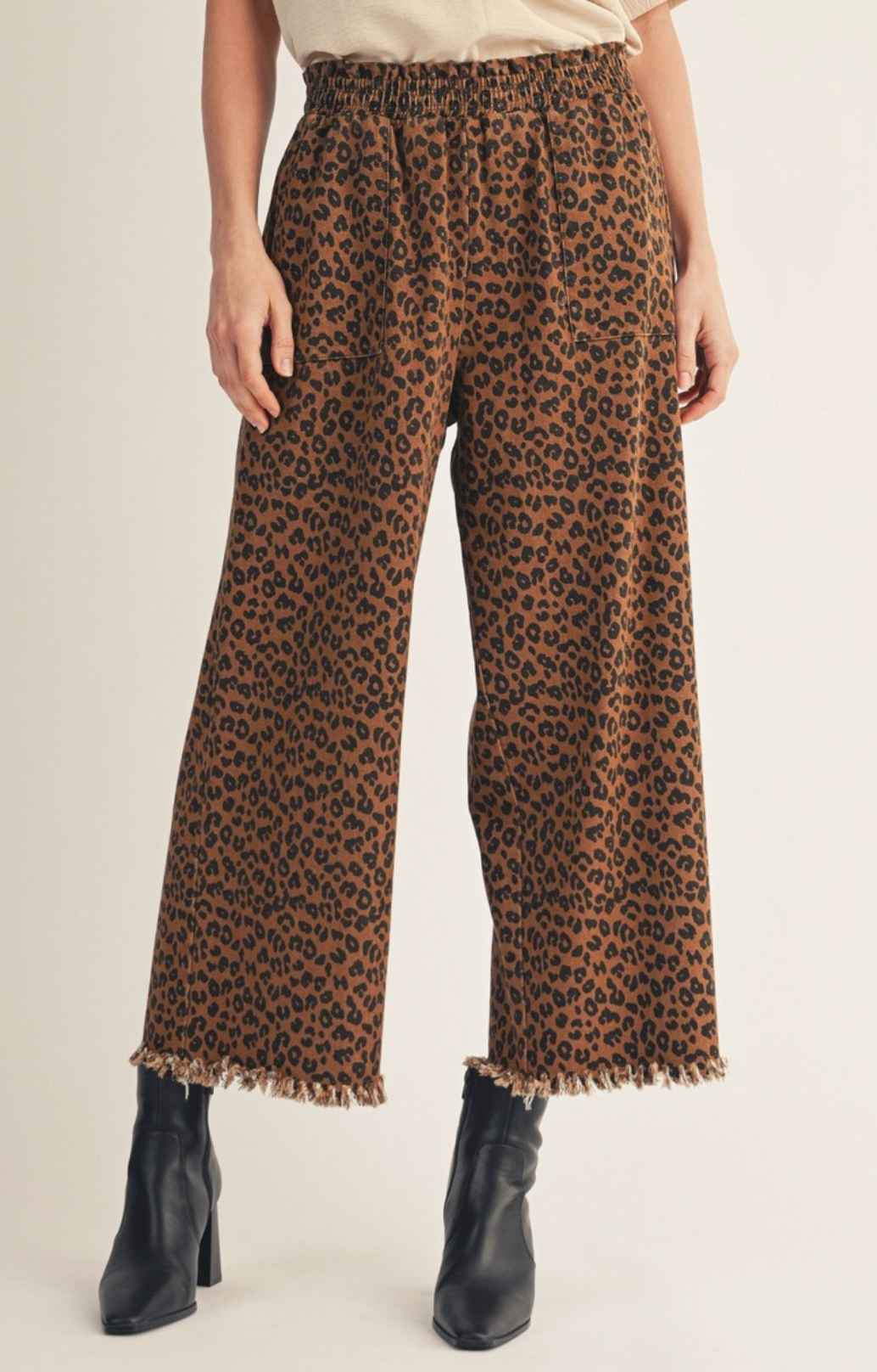 Frayed Hem Wide Leg Leopard Pants