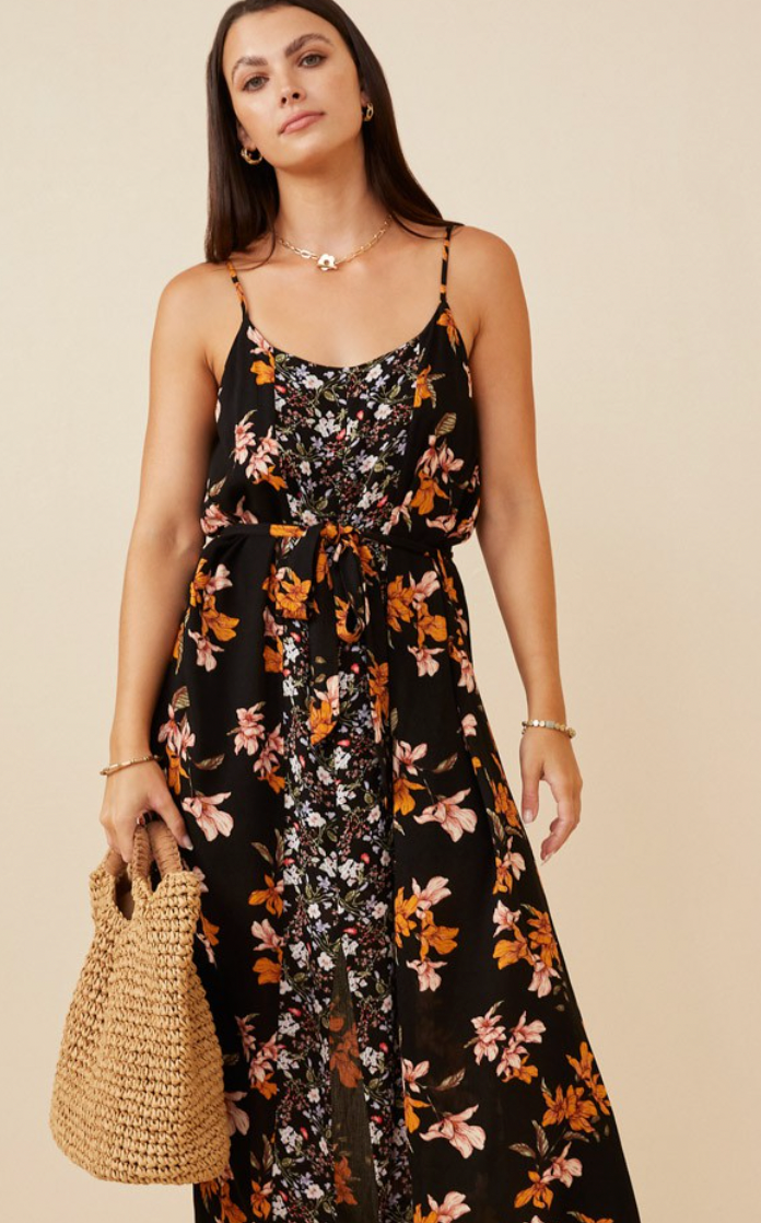 Womens Mixed Floral Sleeveless Belted Dress