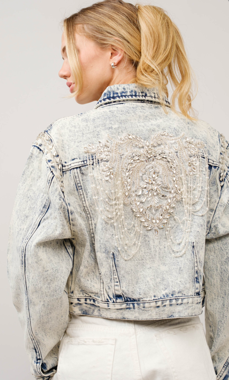 Acid Washed Embellished Beading Denim Jacket