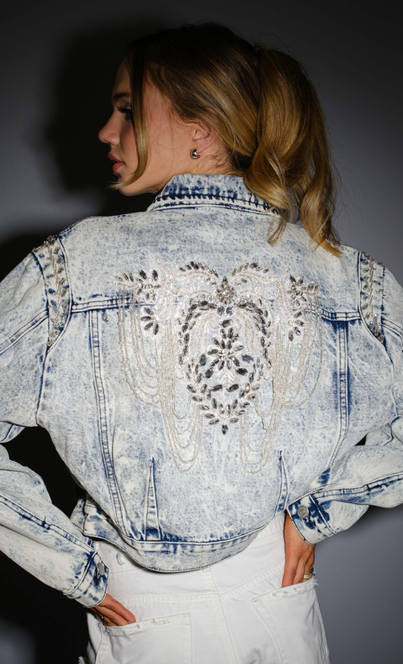 Acid Washed Embellished Beading Denim Jacket