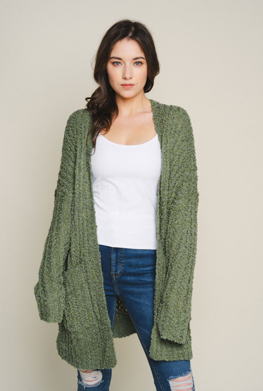 Long popcorn knit cardigan