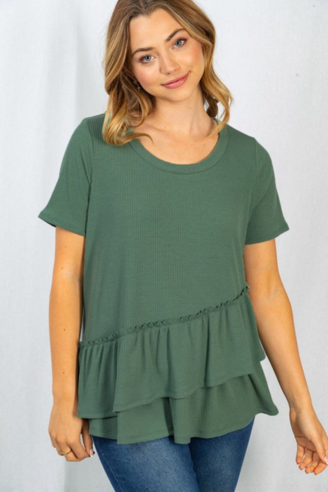 Solid knit ruffled overlay top