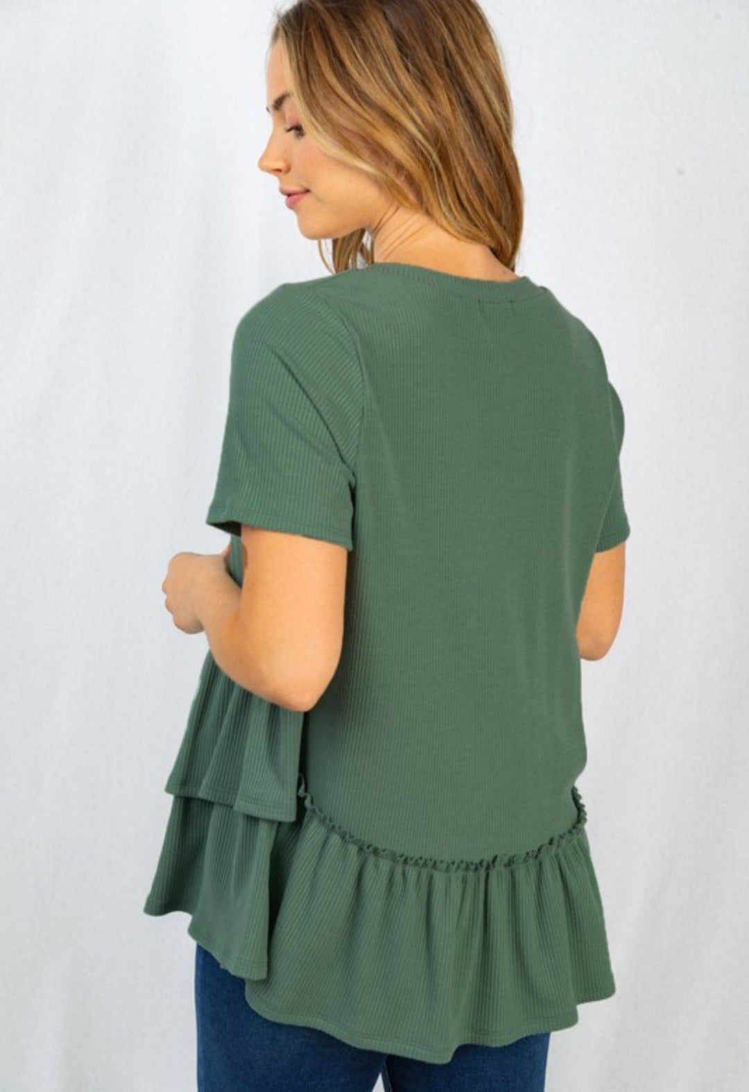 Solid knit ruffled overlay top