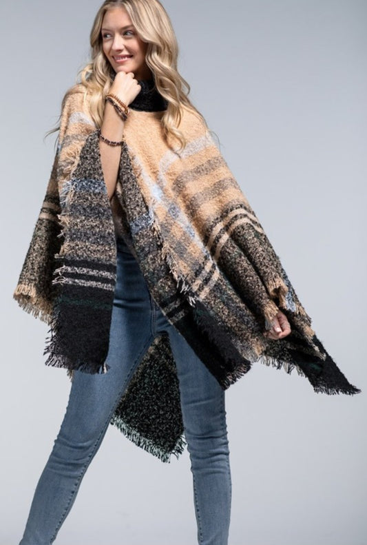 Neutral Plaid Poncho