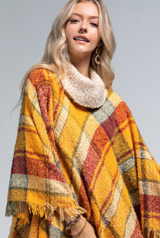 Plaid Turtle Neck Poncho