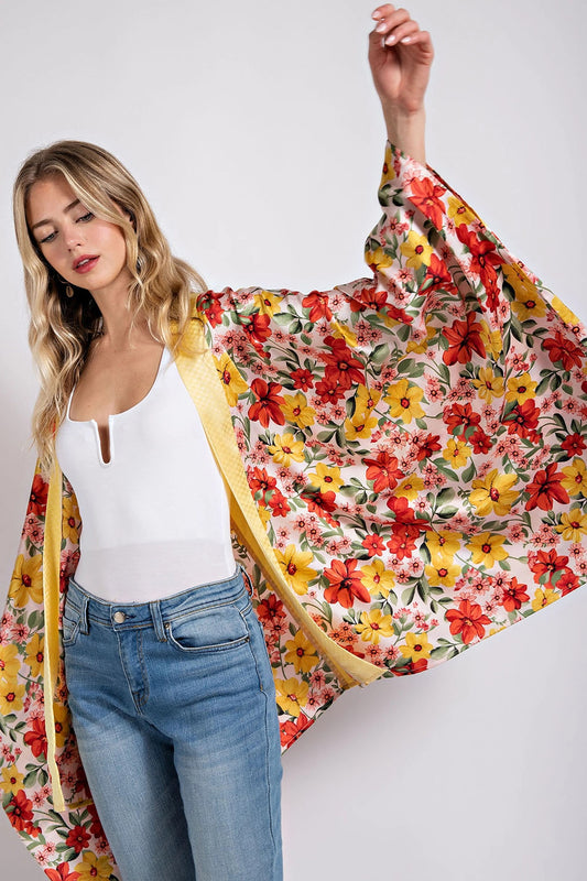 Floral Print Kimono with Side Slits