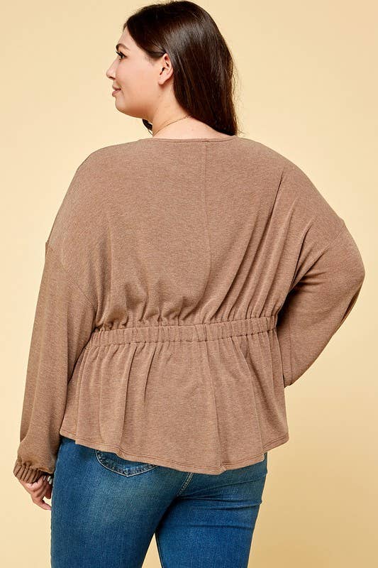 ETK-8582-PL Plus Size Solid Ruched Back Casual Top