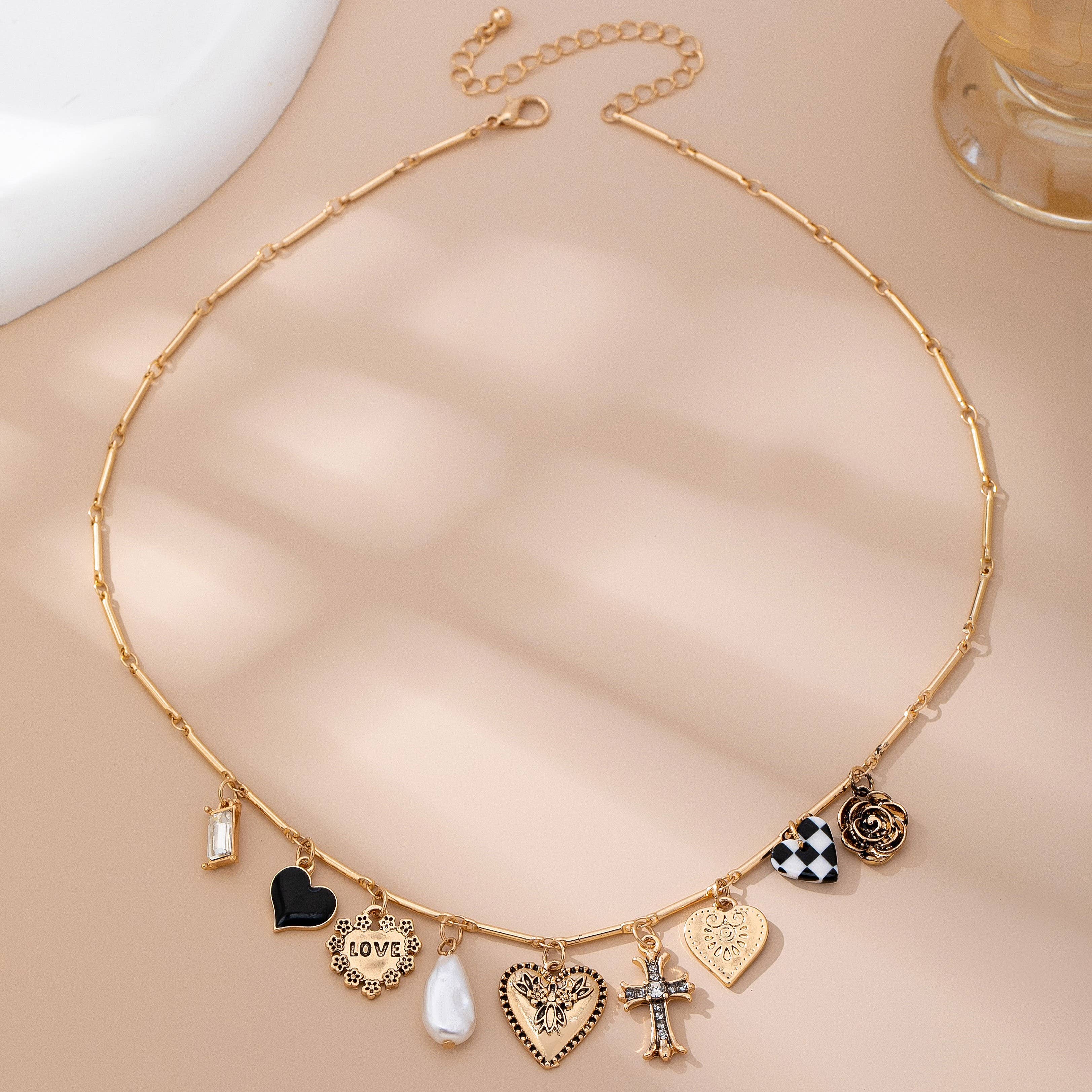 CHARM NECKLACE-HEART CHECKER CROSS CHARM | 80N92681