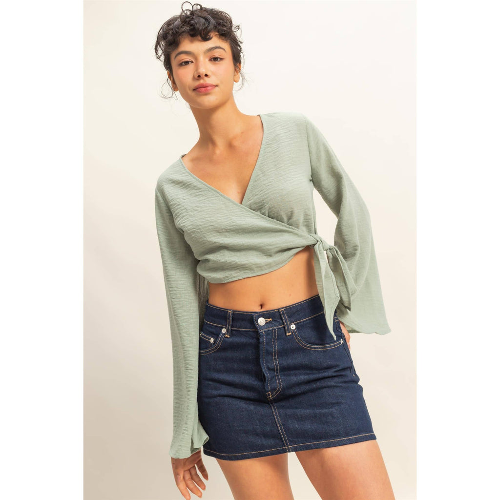 Crinkle Woven Wrap Style Cropped Blouse