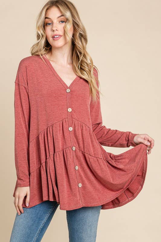 ETK-8529 Solid Swing Button Up Tunic Top