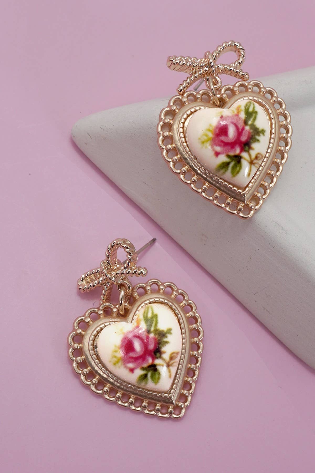 ROSE CERAMIC PORCELAIN BOW DROP EARRINGS