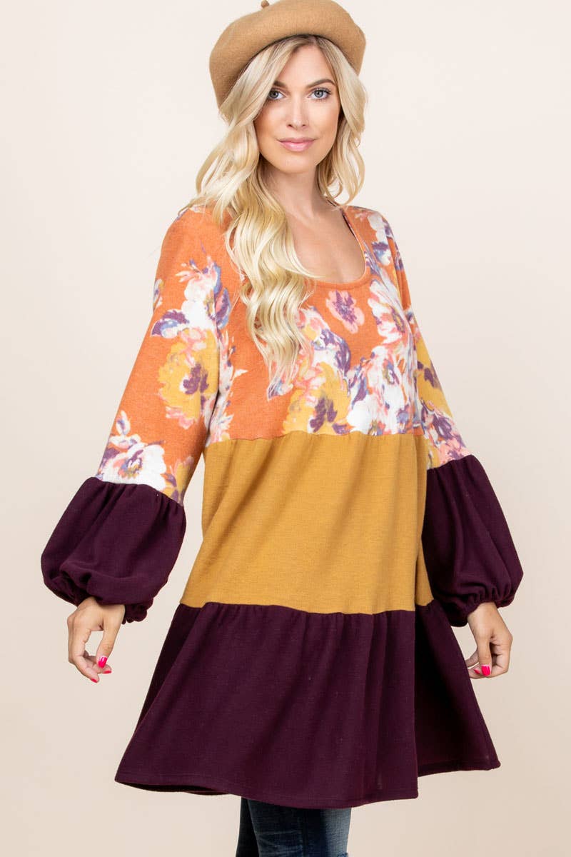 ETK-7798 Floral Color Block Babydoll Dress