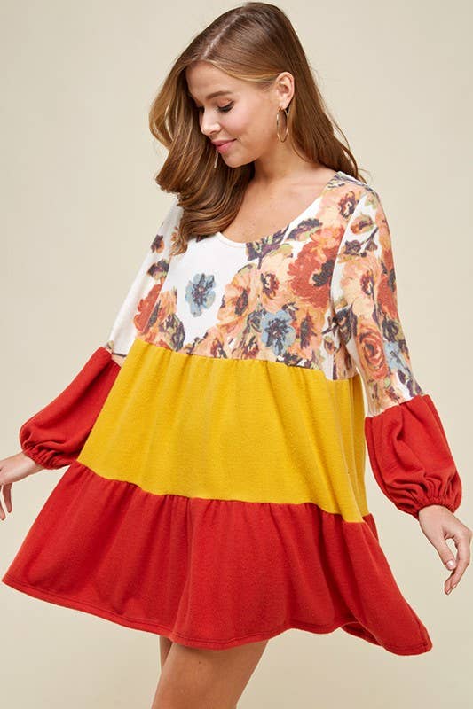 ETK-7798 Floral Color Block Babydoll Dress