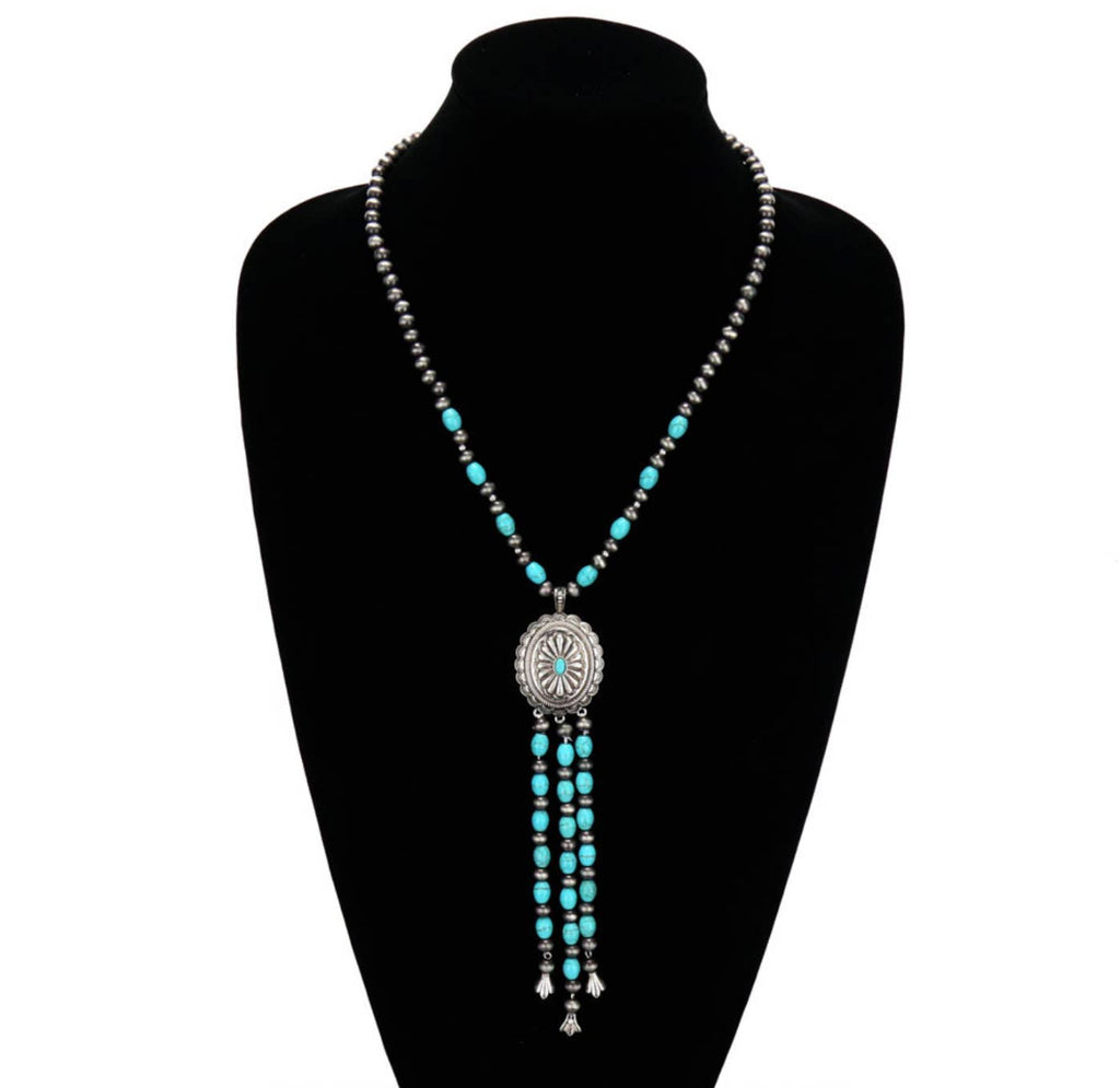 20” Concho Pendant with Bead Tassel Necklace