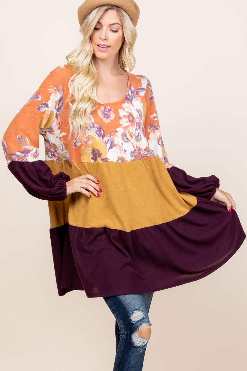ETK-7798 Floral Color Block Babydoll Dress
