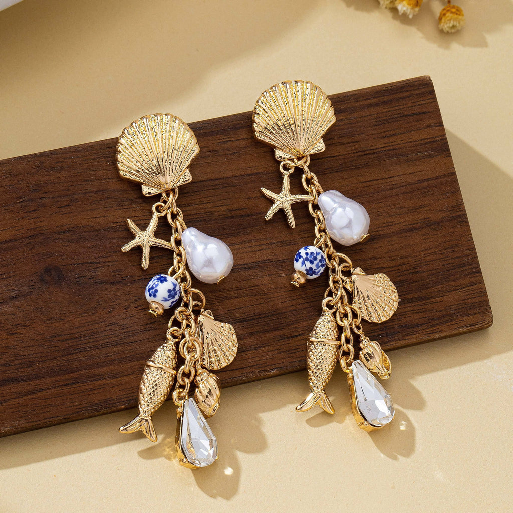 Pearl Shell Fish Cluster Charm Drop Earrings