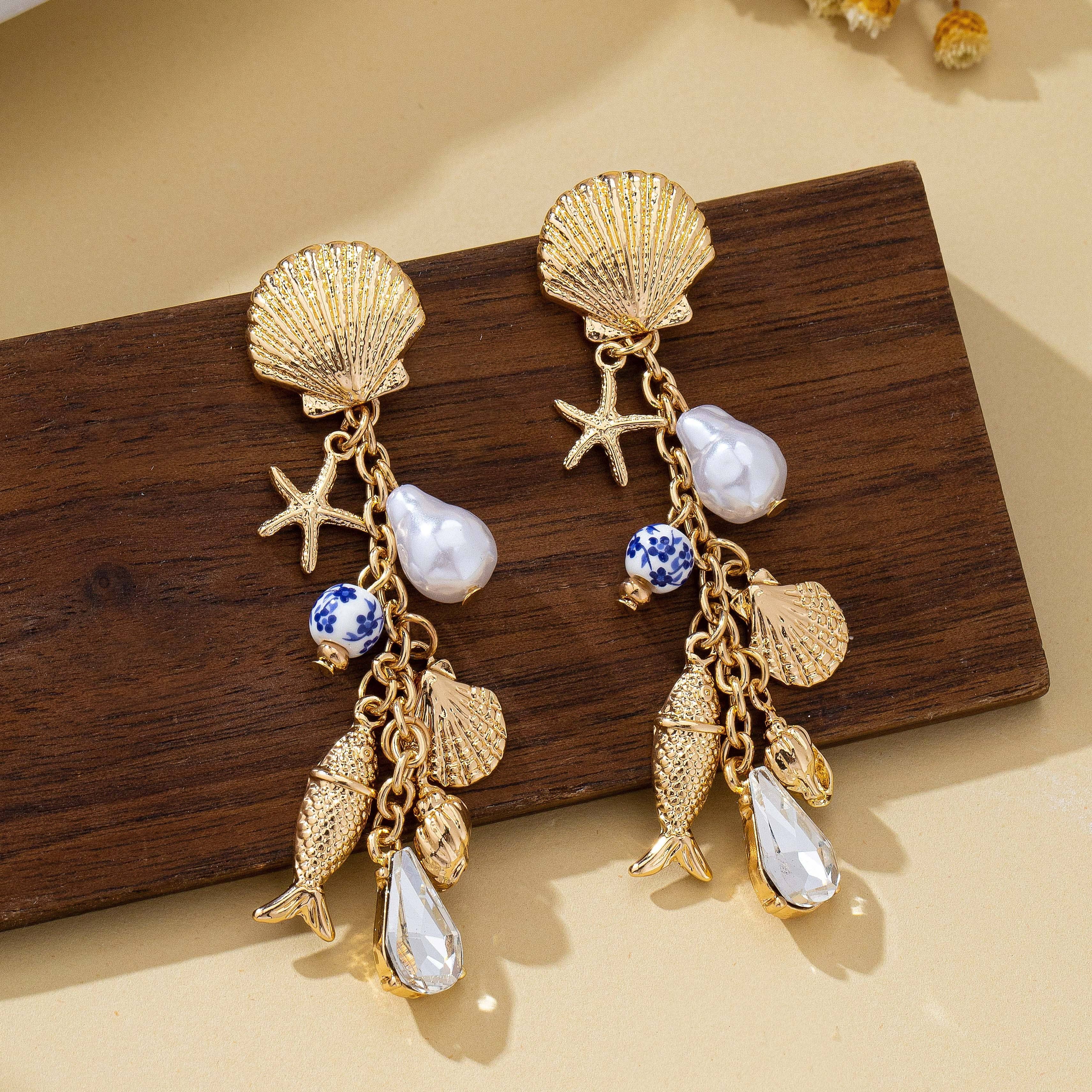 Pearl Shell Fish Cluster Charm Drop Earrings