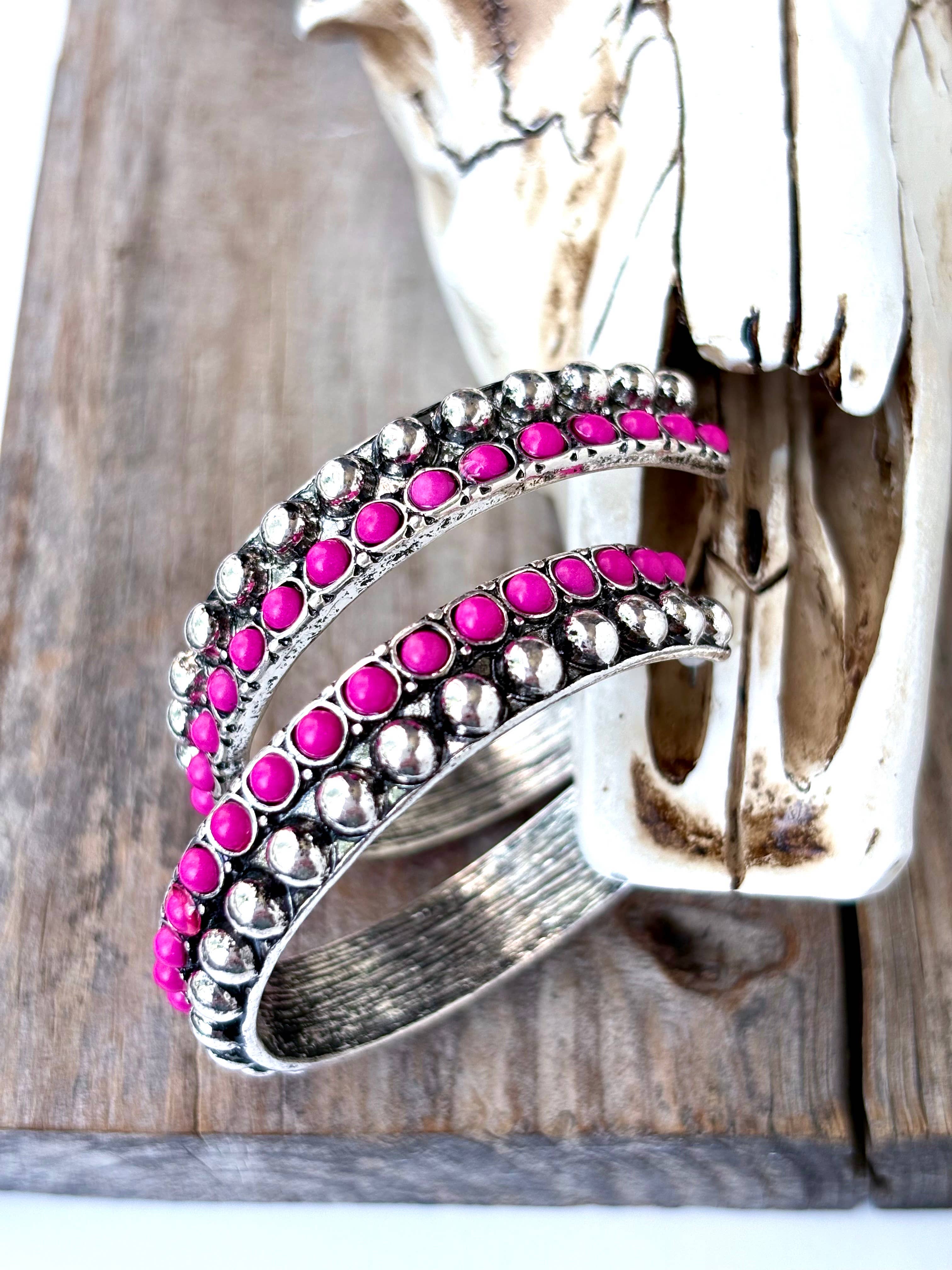 2" Western Style Stone Stud Open Hoop Earrings