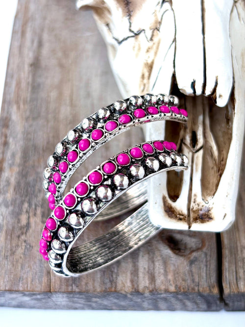 2" Western Style Stone Stud Open Hoop Earrings