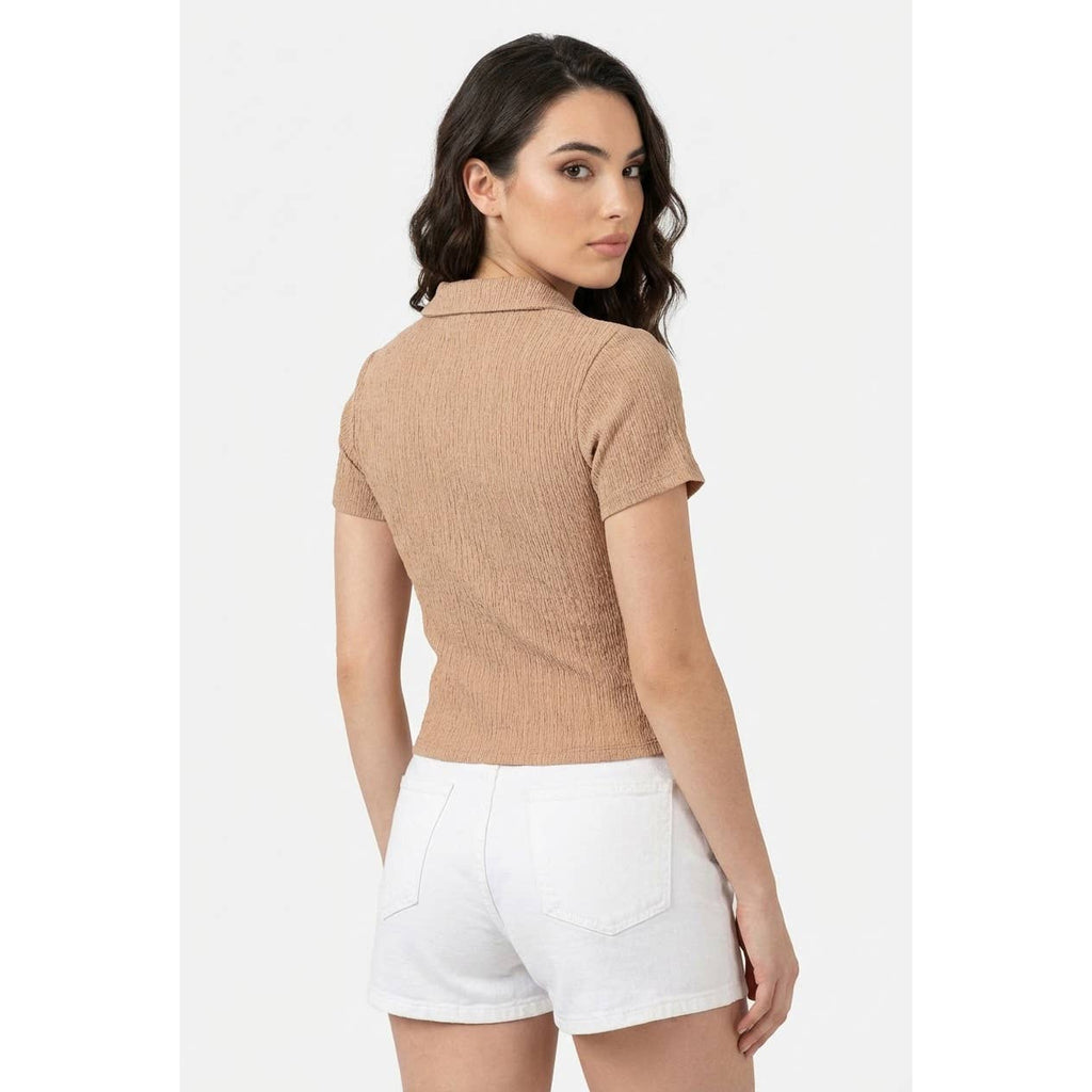 Crinkle Knit Button Front Top