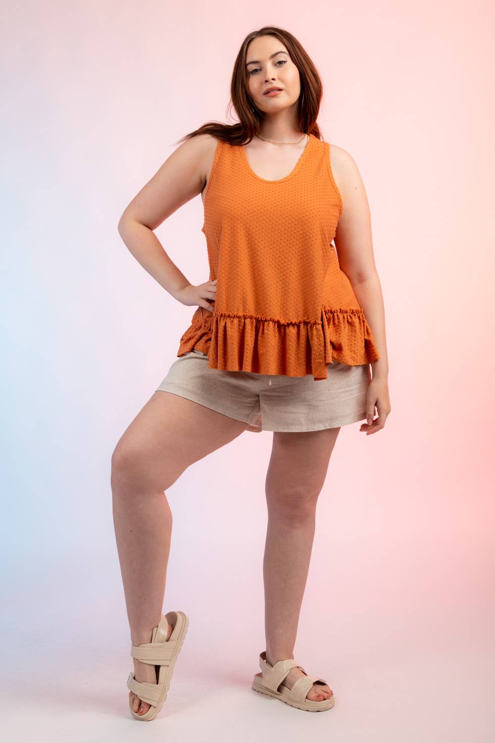 PLUS SIZE Sleeveless Dotted Swiss Ruffle Hem Top