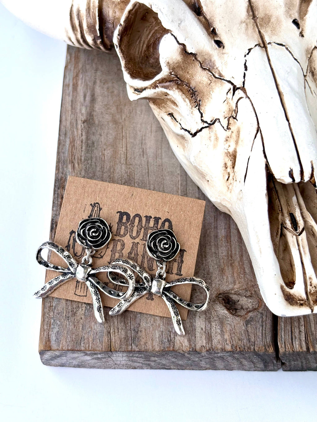 Western Rose Flower & Coquette Bow Post Drop Earrings