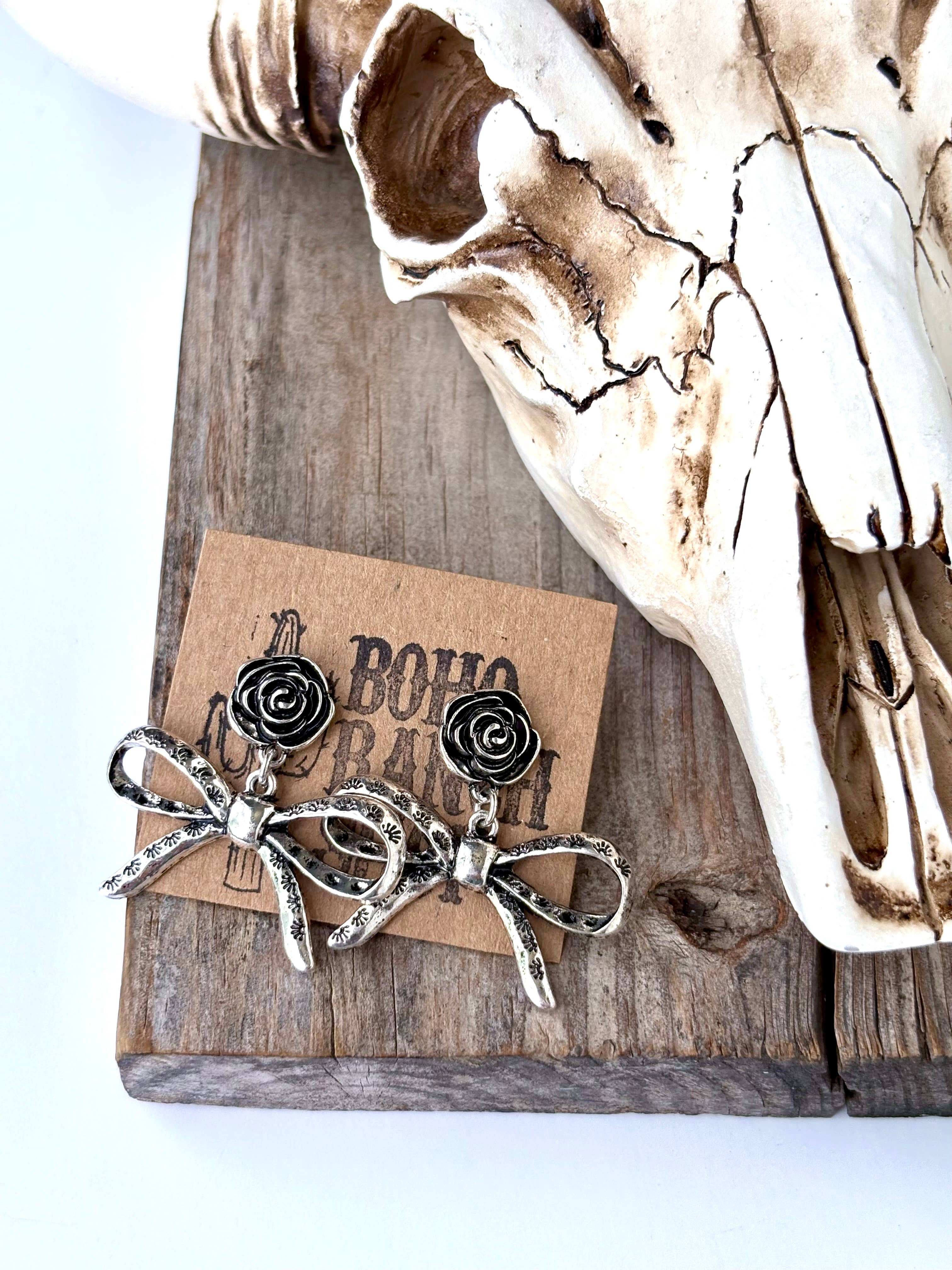 Western Rose Flower & Coquette Bow Post Drop Earrings