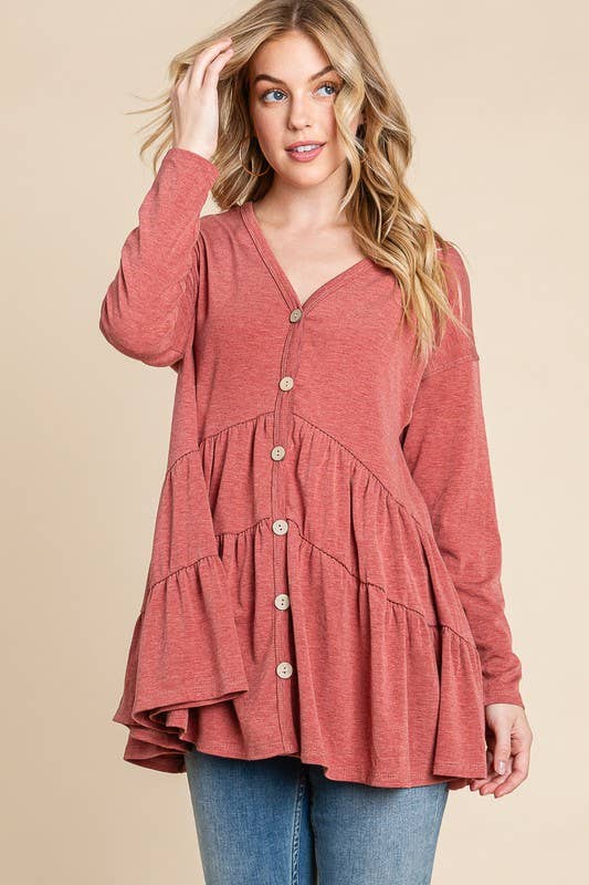 ETK-8529 Solid Swing Button Up Tunic Top