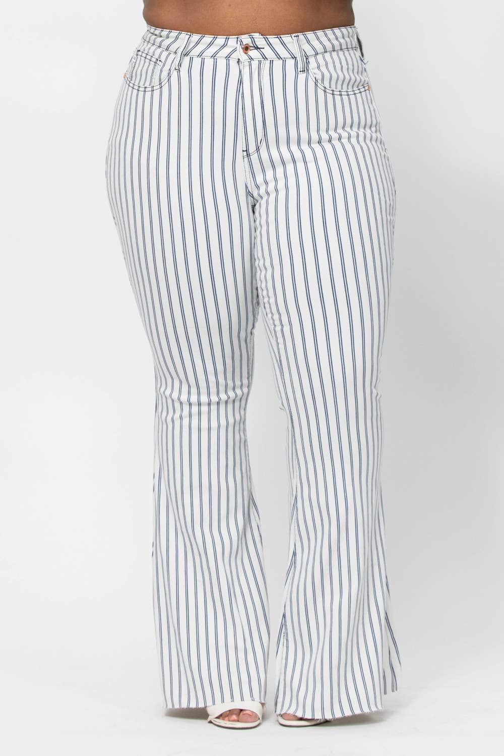 HI-WAIST SUPER FLARE WHITE PIN STRIPE JUDY BLUE