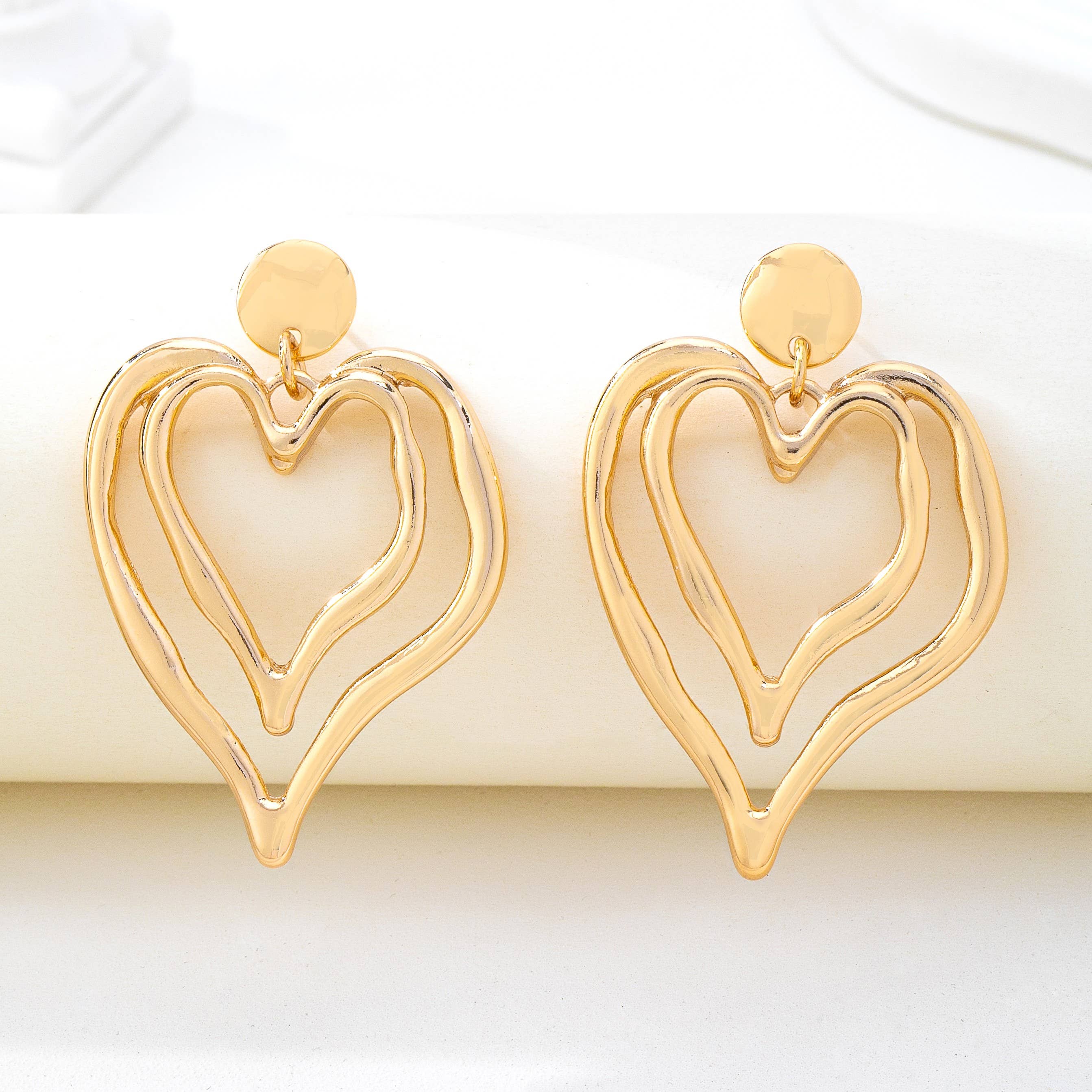 Double Layer Gold-Tone Heart Drop Earrings